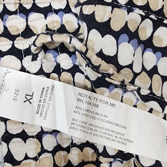 Royalty For Me Linen Blend Shorts XL Pebbled Print Blue Tan Black Pockets Boho - Picture 3 of 6